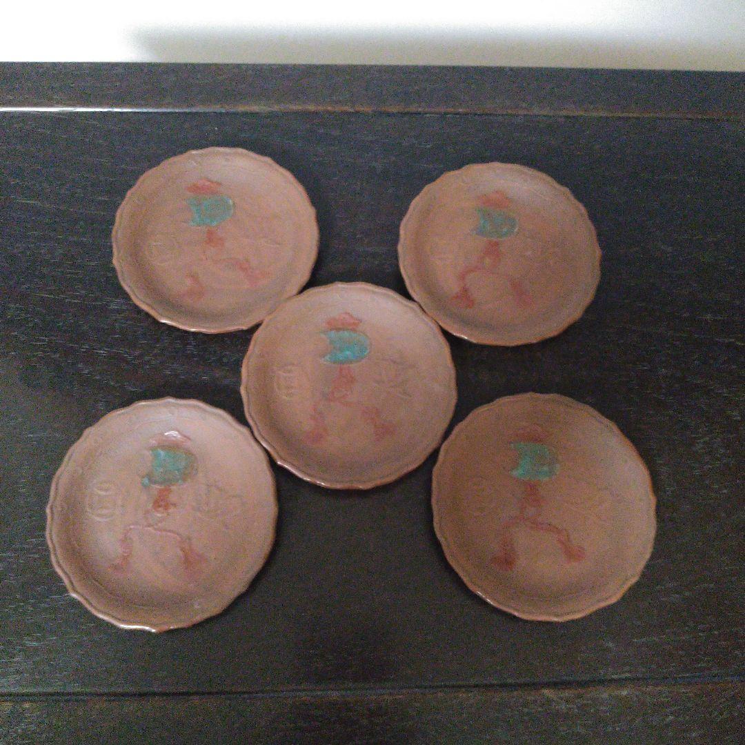 NO639 備前焼　煎餅皿　絵備前　古備前　宝尽くし文様　幕末～明治　5枚組