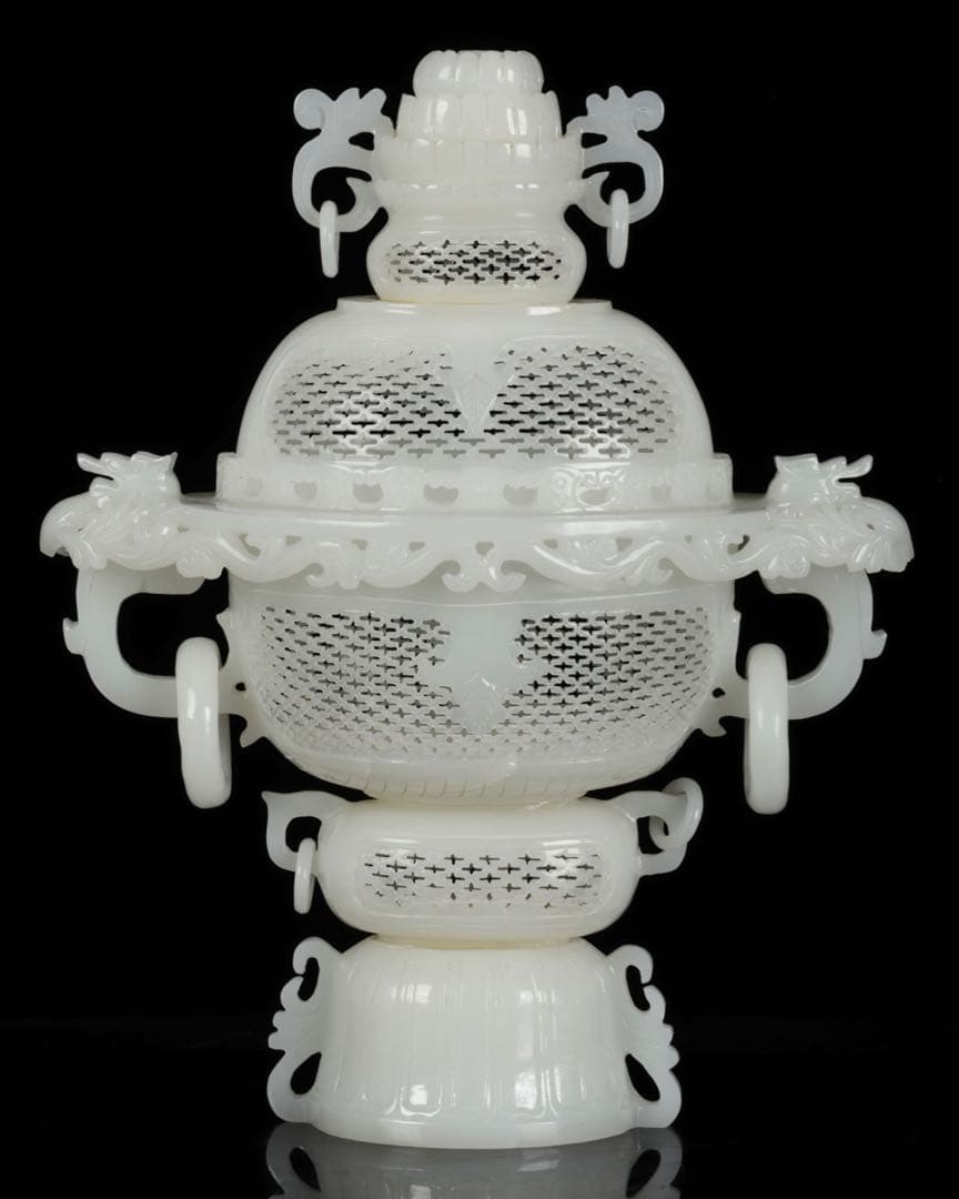 大*発様 中国古玩 白玉石大香炉 龍透彫細密彫刻 高さ36cm 唐物 古美術品