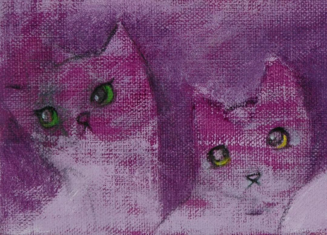 油絵菅家令子絵 絵画インテリア額付(青緑＋金色の枠)F4-050920可愛い子猫