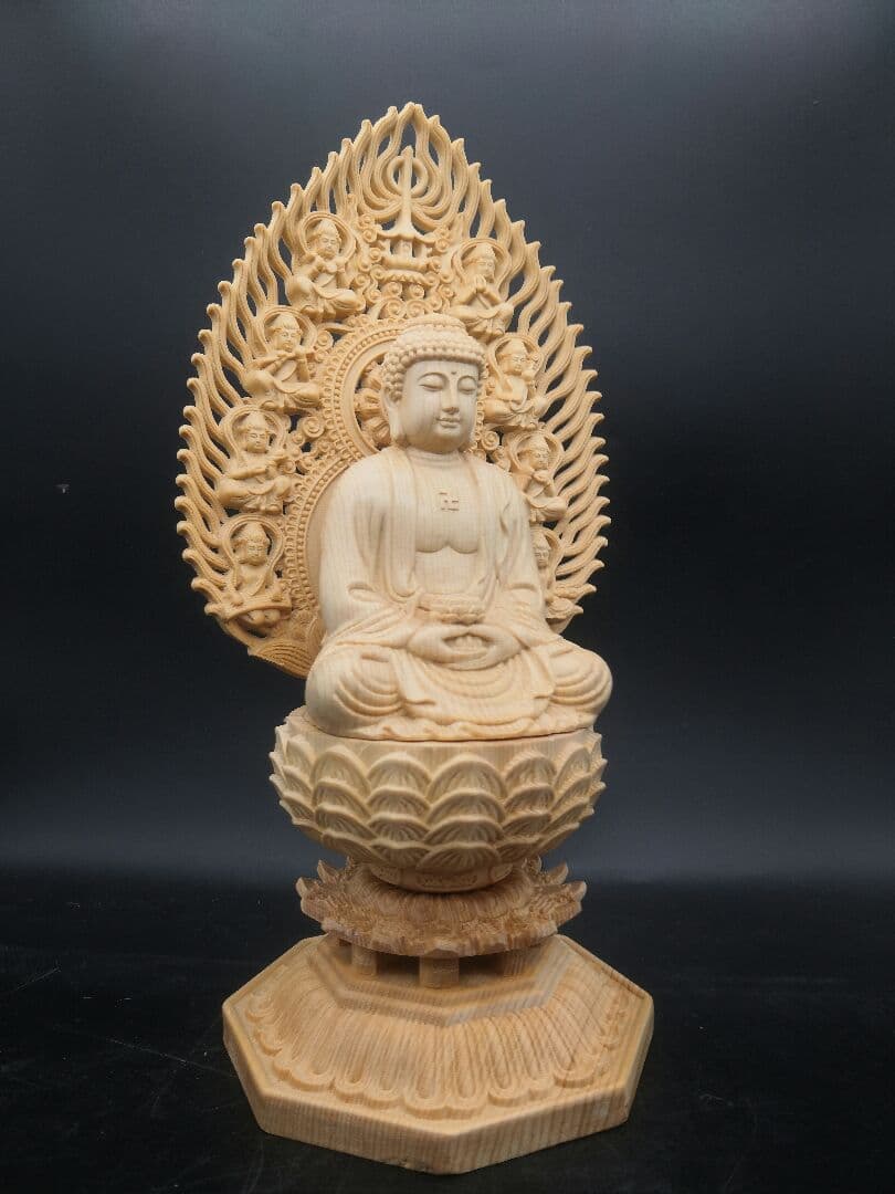 【修縁堂】仏像 阿弥陀如来坐像 八角蓮華丸台座 木彫供養仏 仏教縁起物 祈願風水