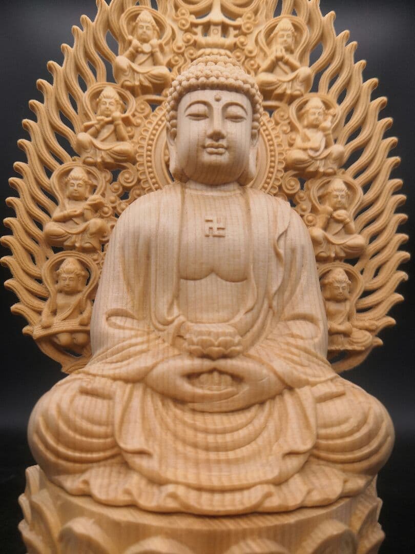 【修縁堂】仏像 阿弥陀如来坐像 八角蓮華丸台座 木彫供養仏 仏教縁起物 祈願風水