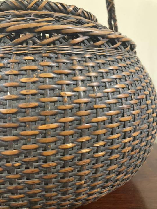 アンティーク竹編み籠　大型　花籠　在銘　美品