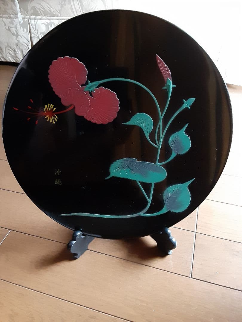 琉球漆工　沖縄　ハイビスカス　絵皿