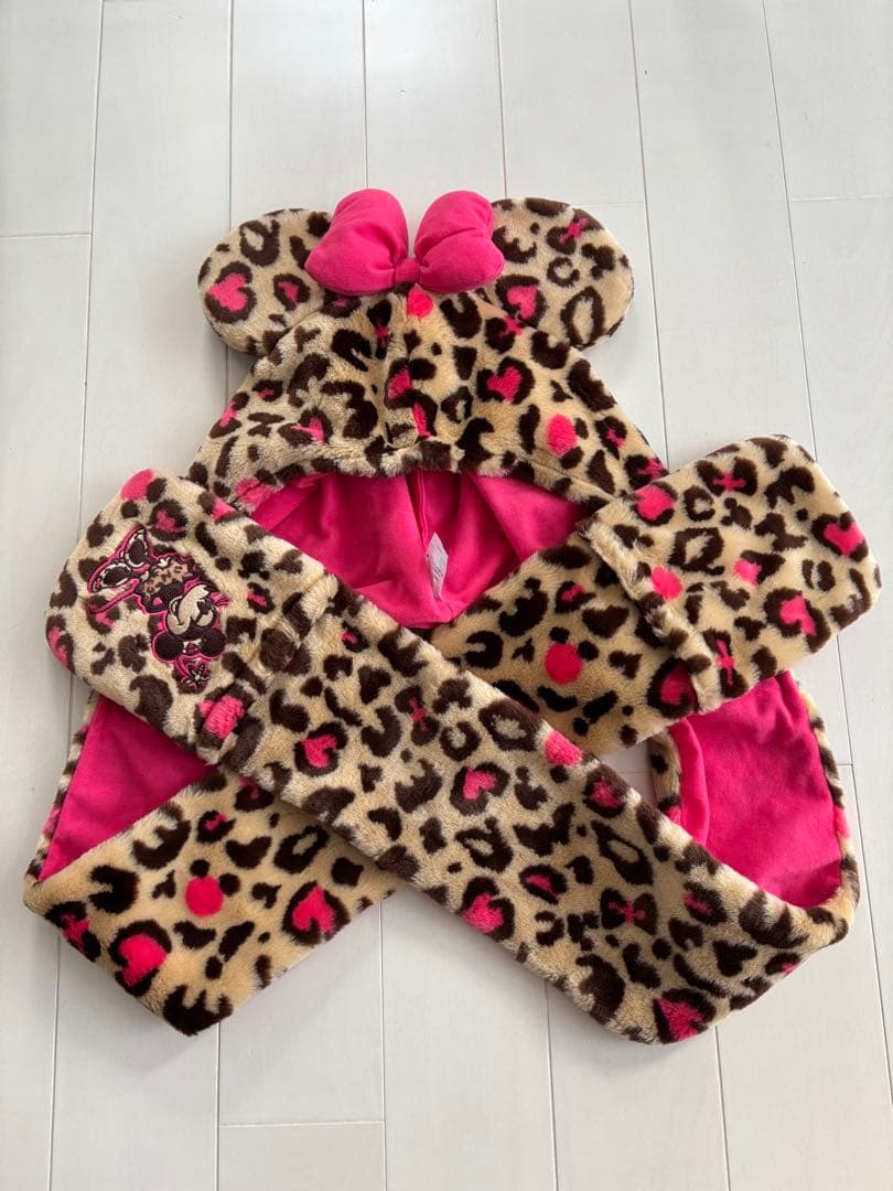 美品！ ディズニー ファンキャップ ミニー 耳付き ヒョウ柄 マフラー