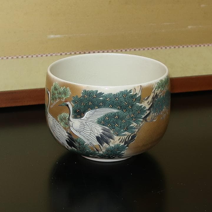 茶道具　豪華絢爛　九谷焼　抹茶茶碗　本金双鶴　龍山作