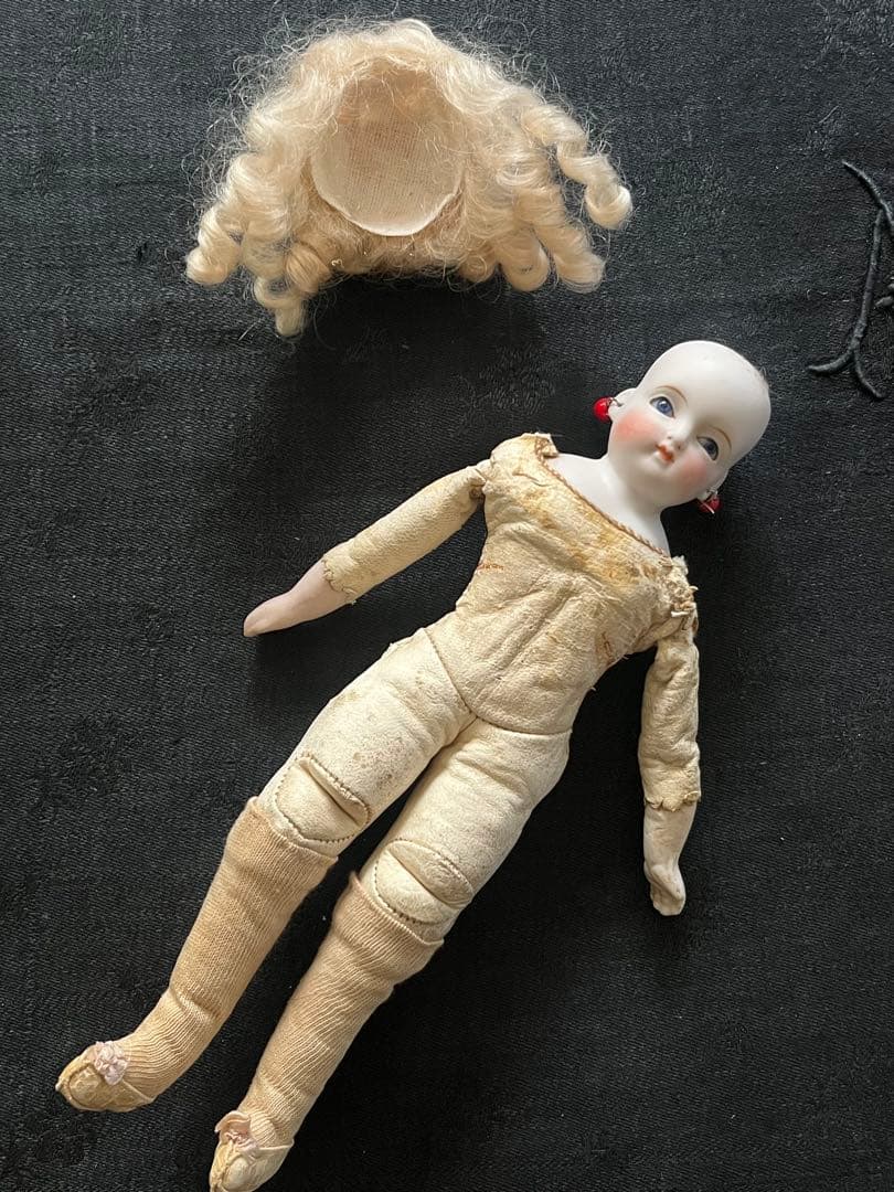 アンティークフランスドールビスクドールロココリボントリムドレス帽子セット