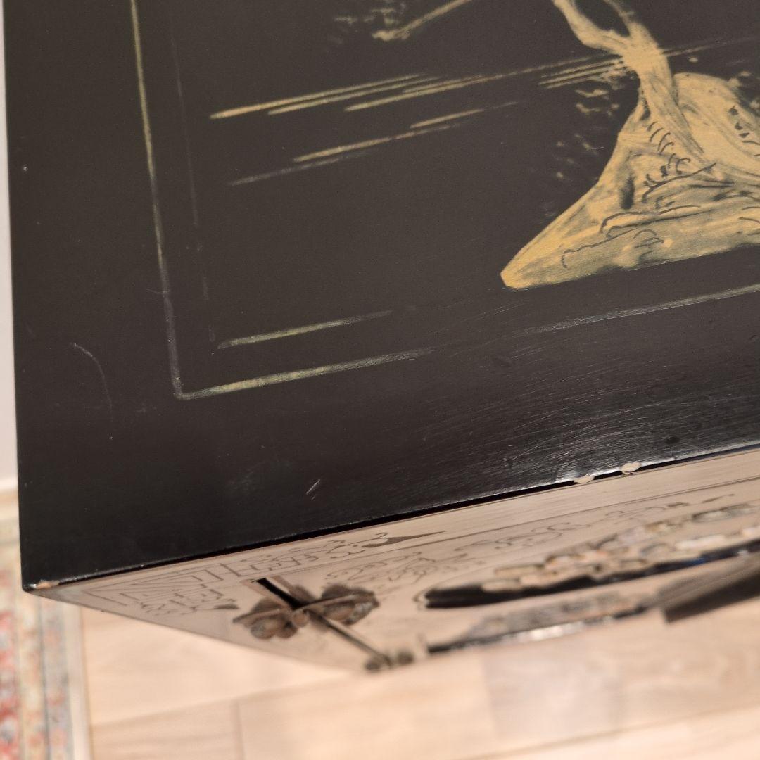 中国家具 キャビネット 花鳥細工 黒塗り 玉石 アンティーク調