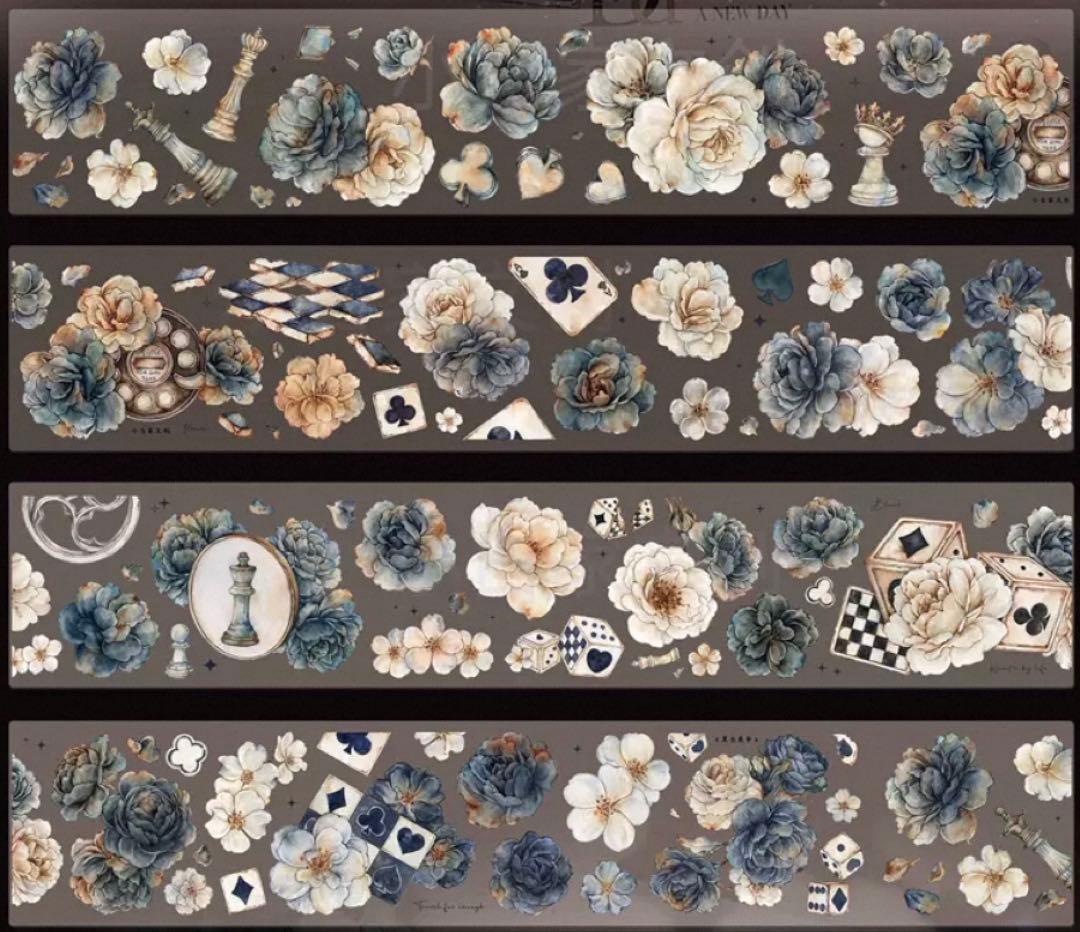 贝壳光 6cm×6m 黑白奕梦 海外マスキングテープ　海外マステ　花　トランプ