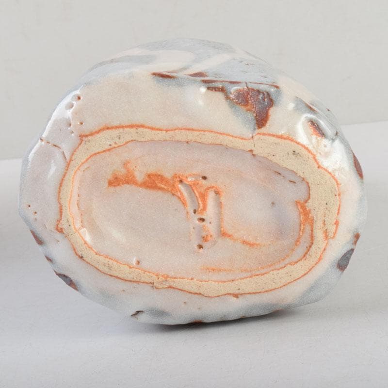 安藤日出武作　鼠志野　双耳花生　花瓶　共箱　V　8585