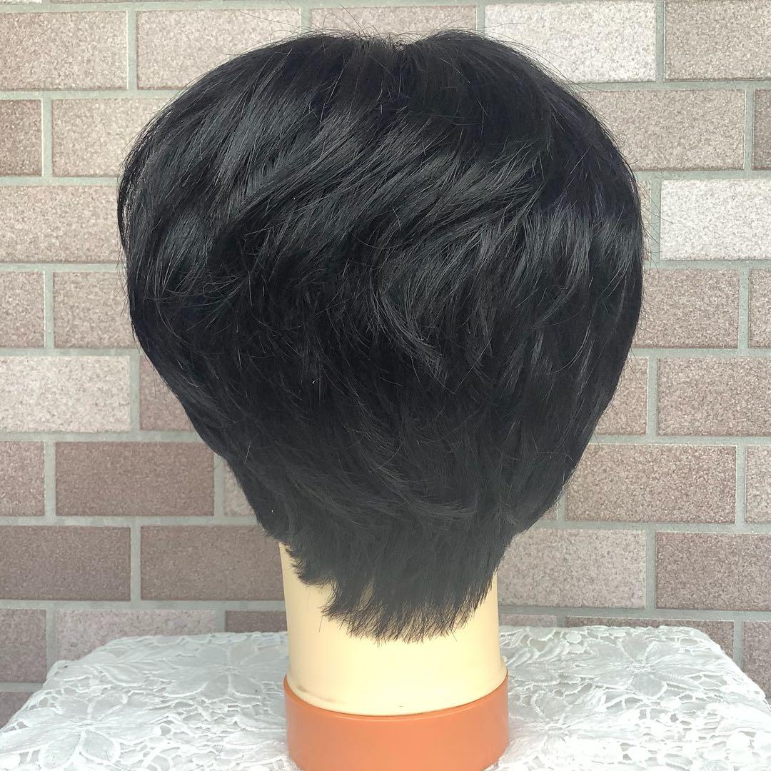 人毛100% 手植えフルウィッグ 医療ウィッグ ショートカール ブラック