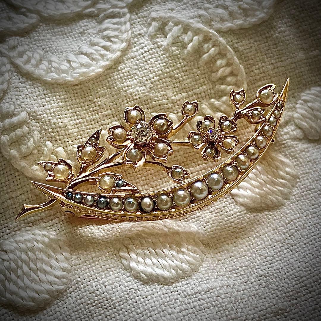 k18 ヴィクトリアン　オールドマインカットダイヤモンド＆シードパール　ブローチ