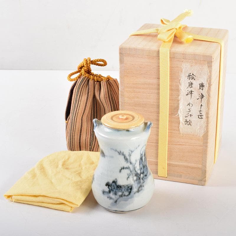 茶道具　唐津焼　絵唐津　山水人物文　甘手　茶入　時代箱付　M　R4981