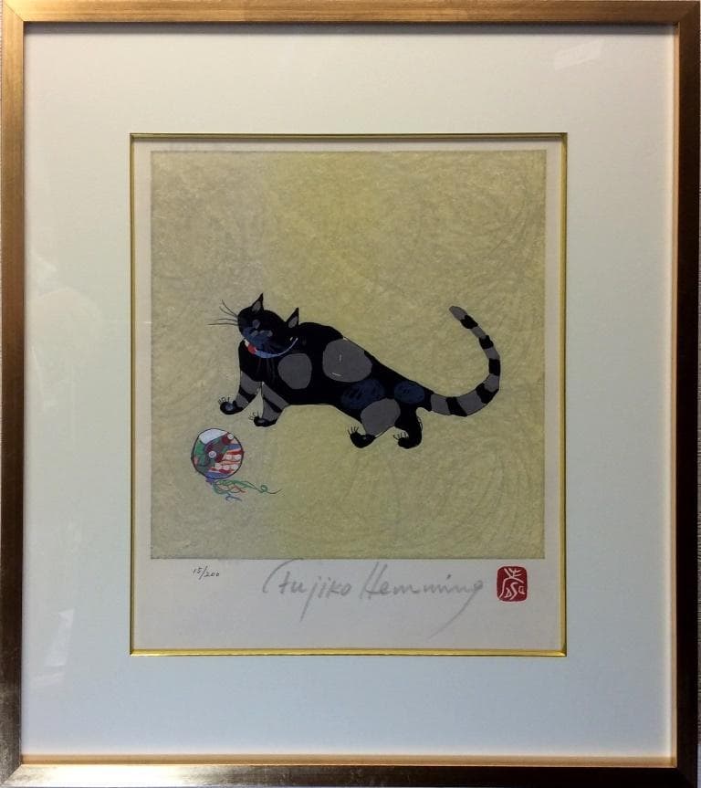 美品 フジ子・ヘミング 「猫十態 スージィー」直筆サイン・限定15/200 木版