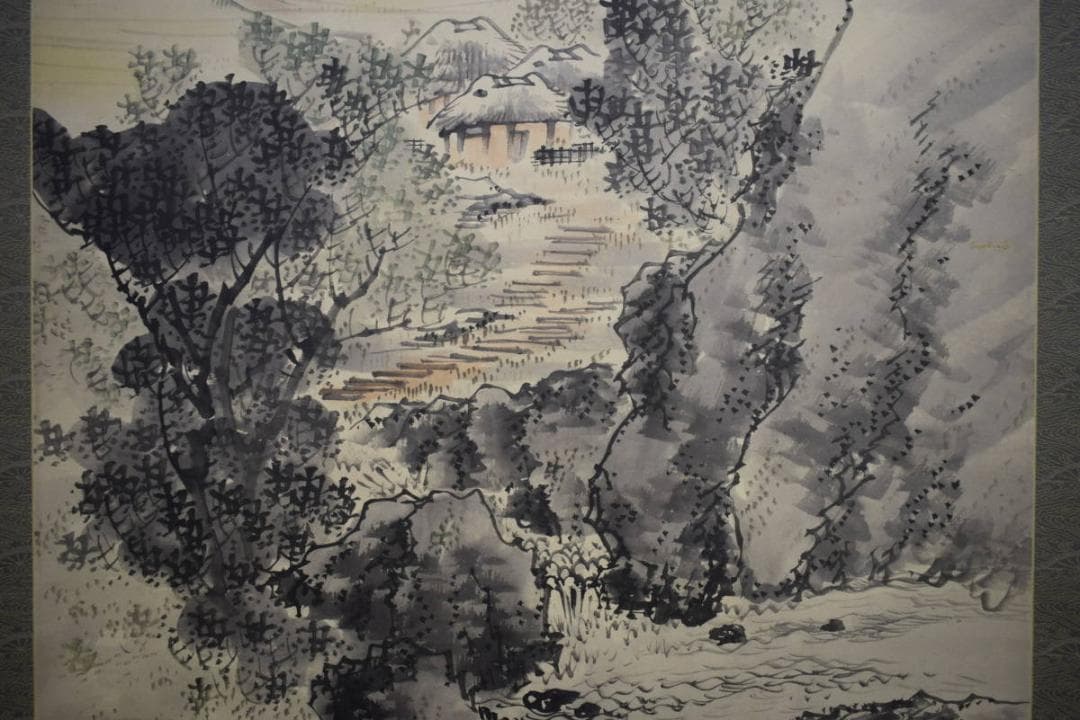 真作/藤井松林/内海風景遠望図/山水帆船図/桐極箱付/布袋屋掛軸HI-393