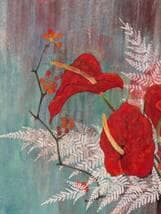 【真作】絵画　伊藤正男　日本画6号　朱華の静寂　艶やかな花と白葉の調和　Y7