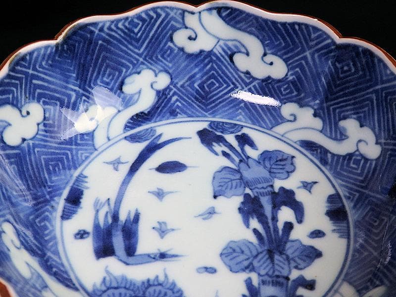 古伊万里　染付　雷紋に雲　花鳥紋の図　膾皿　２客　江戸期　E411AS-CEz