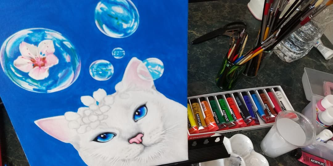 青い空さくら猫(キャンバス&アクリル絵の具)