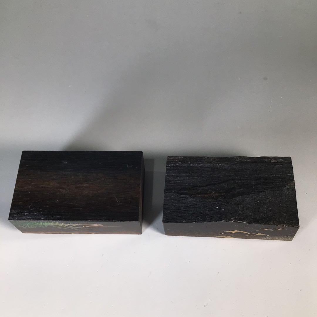 Ｎ７２９　香合　『中林星山作』『芦に雁蒔絵』『黒柿割香合』　共箱　茶道具