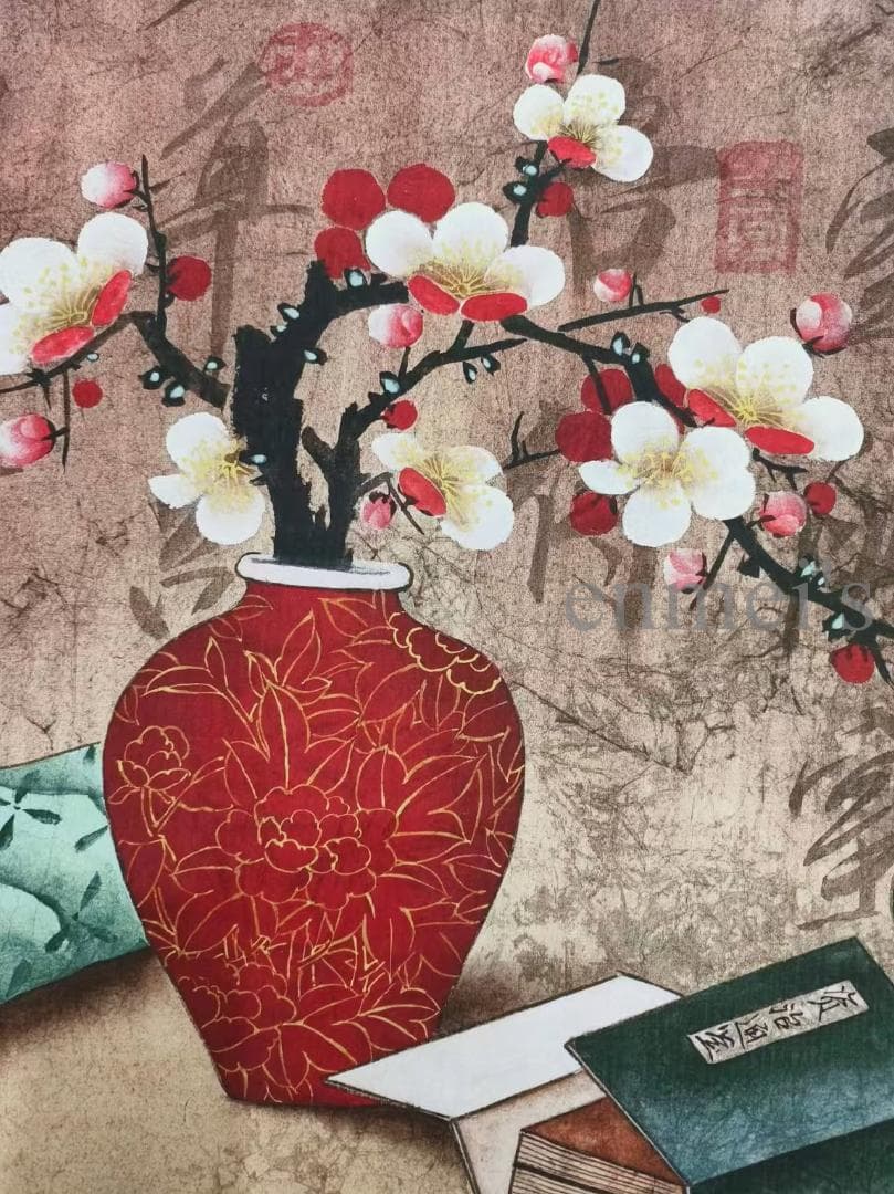 中国古美術 清時代 郎世寧作款 福慶如意図 横幅 宣紙 手描き 掛け軸 水墨画