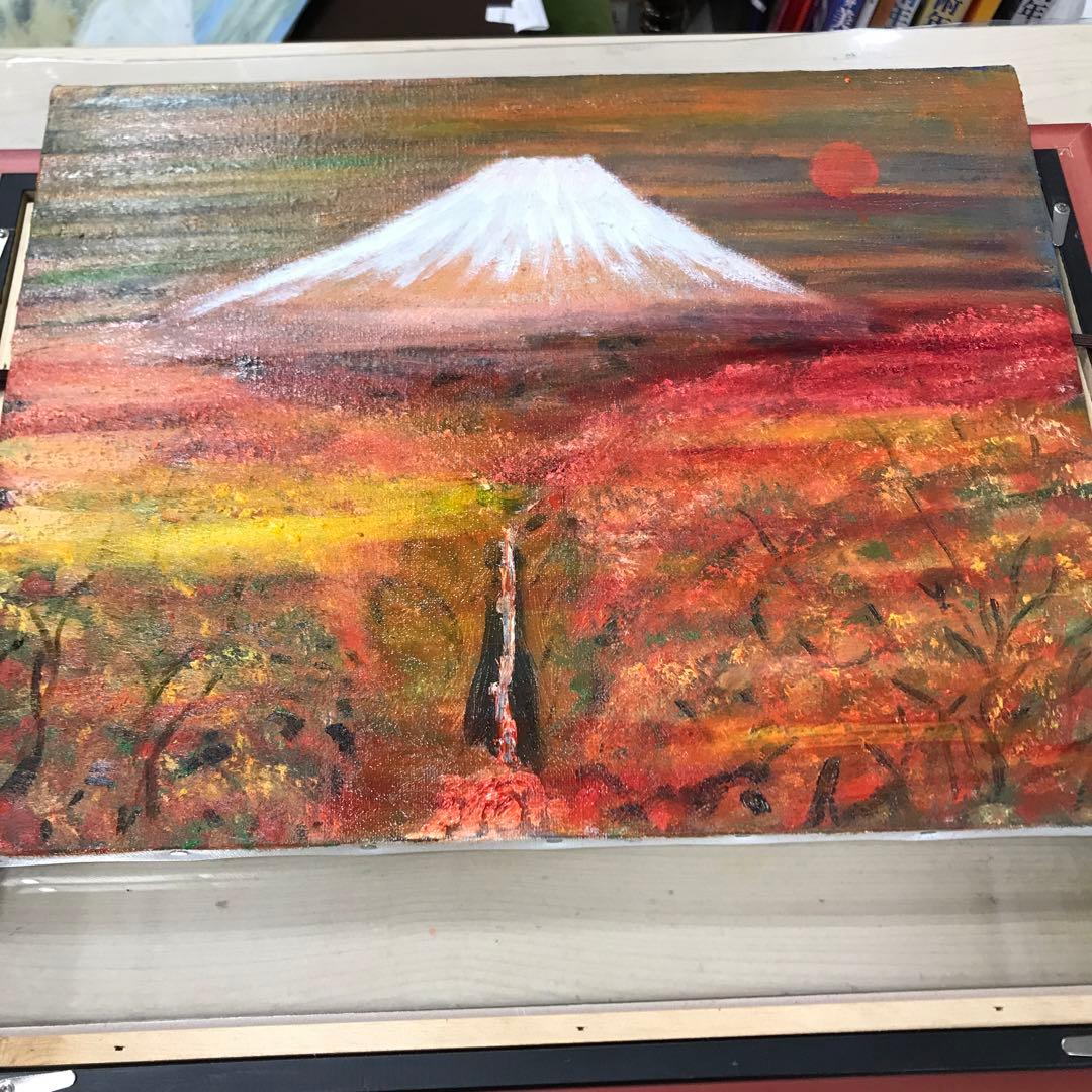 油彩画　真筆保証　富士山と滝と紅葉　自作絵画　堀口　守
