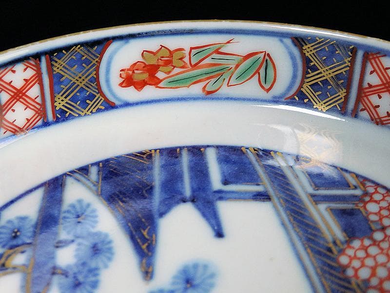 大聖寺伊万里　色絵　松に邸宅の図　縁高４寸皿　５枚　C595AS-BRq