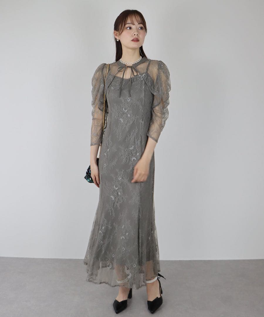 新品　3way ボレロレイヤードレースドレス グレー　M 結婚式　ワンピース