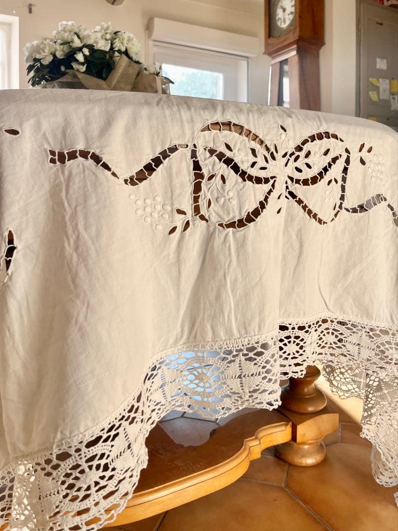 ◆フランスアンティーク｜手刺繍大判マルチクロスベットカバー白カーテンリボンレース