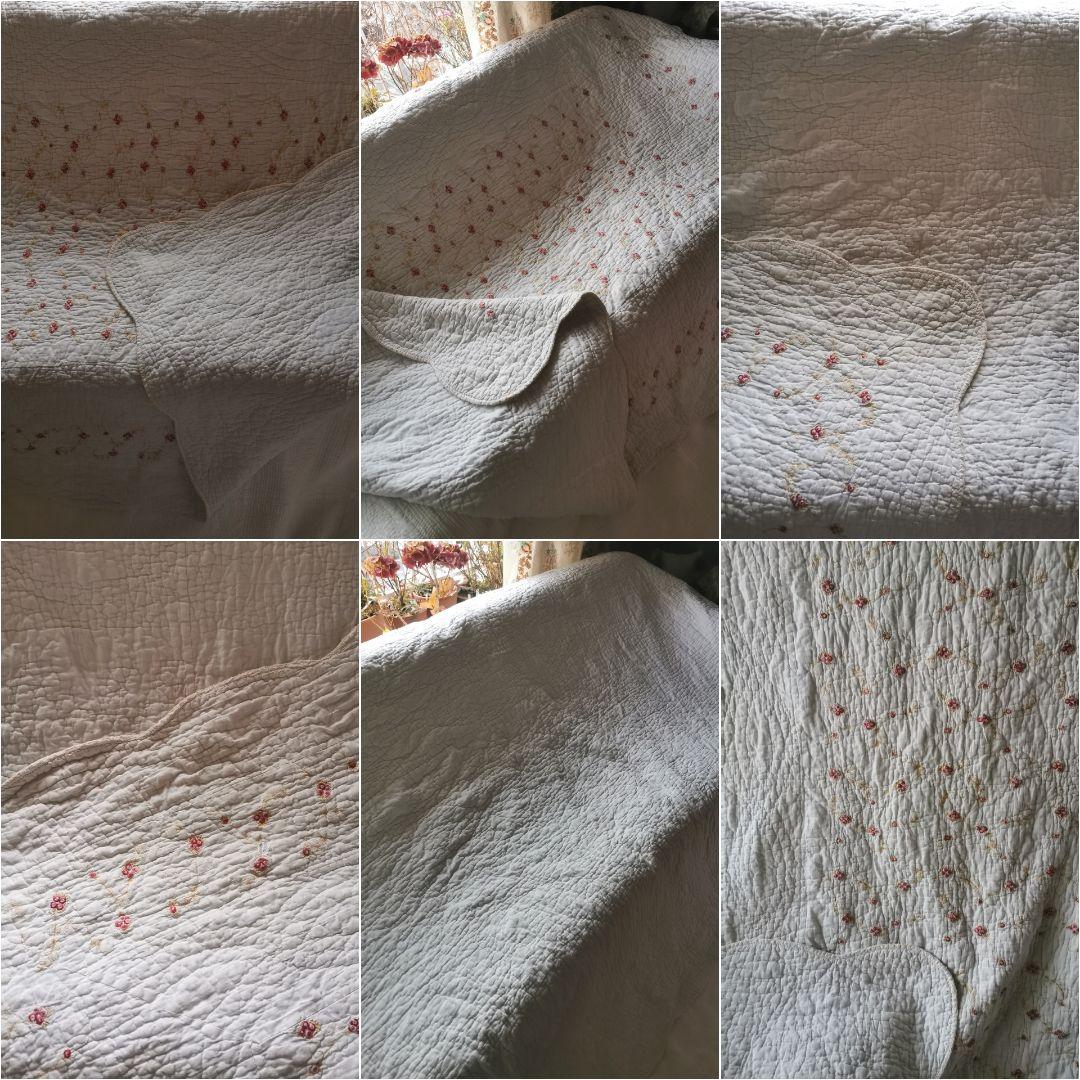 ヴィンテージ フランス/イギリス プチローズ刺繍 スカラップリム ふっくらキルト
