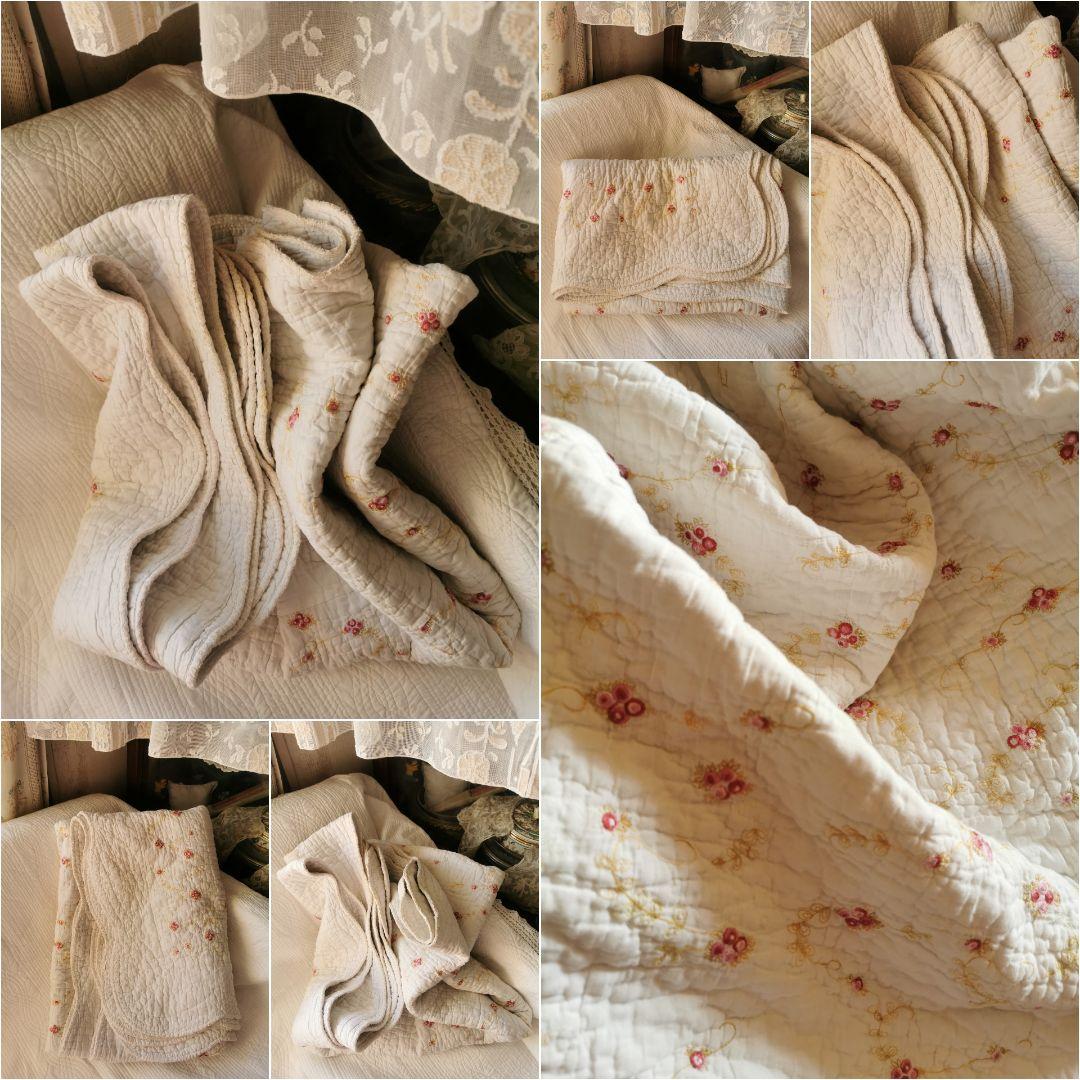 ヴィンテージ フランス/イギリス プチローズ刺繍 スカラップリム ふっくらキルト