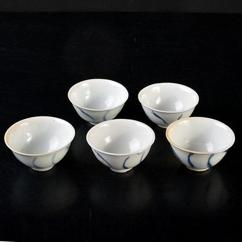 中国　南京染付　青花メダカ文煎茶碗　五客　M　6845