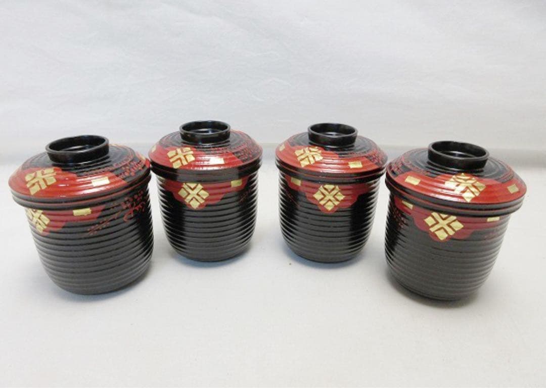 未使用 懐石道具 金彩梅正法寺蒔絵 箸洗い 4客組 木製漆器 小吸物椀