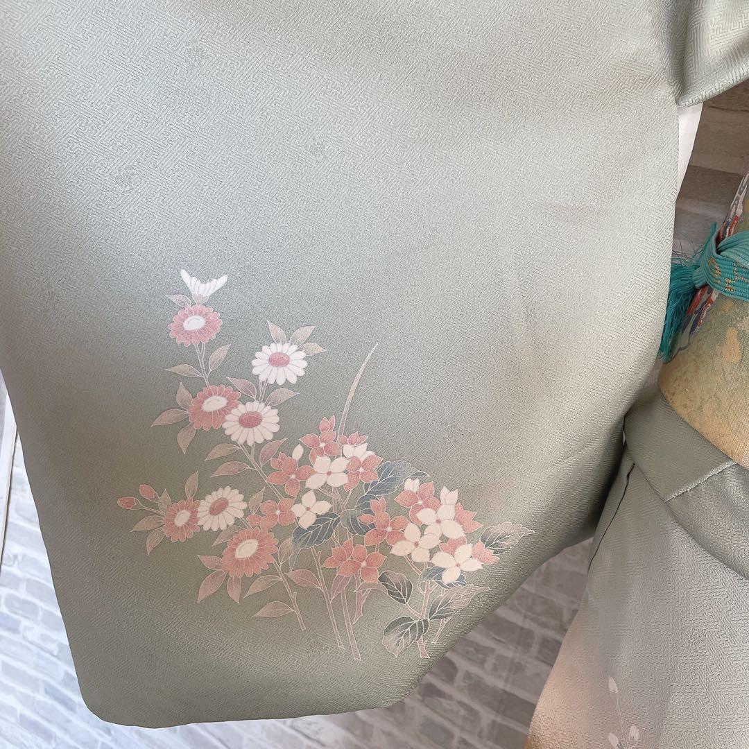 訪問着+長襦袢　フルセット　四季草花　綸子　繊細な中の豪華さ　金彩加工　H5