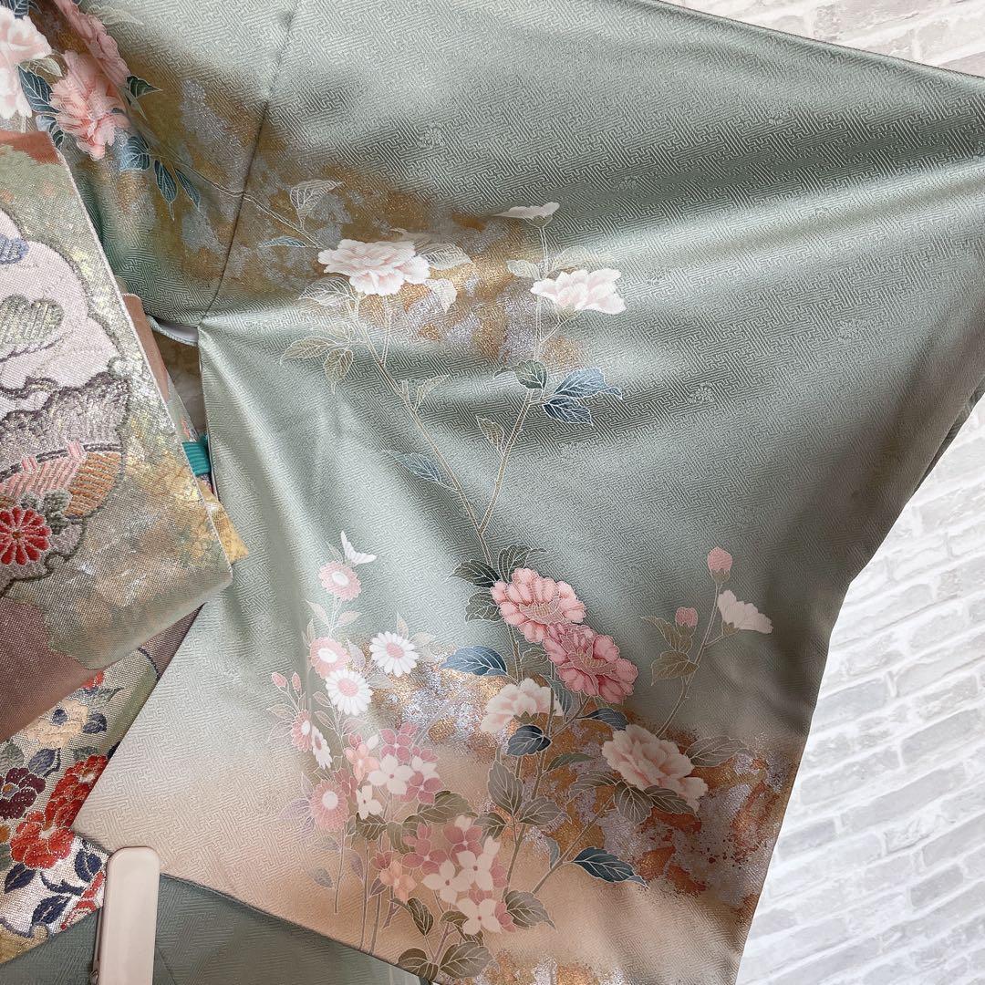 訪問着+長襦袢　フルセット　四季草花　綸子　繊細な中の豪華さ　金彩加工　H5