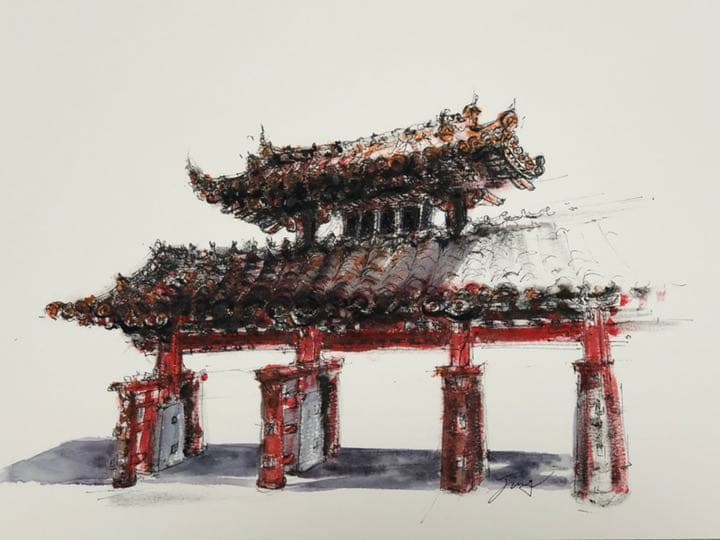 水彩画 原画 沖縄首里城（守礼門）