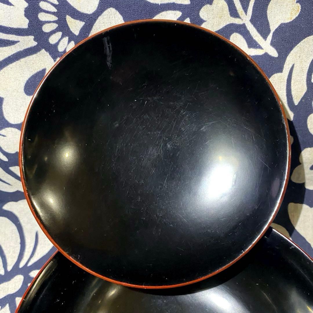 大正時代物骨董　天然木製漆器椀　梅柄金蒔絵・螺鈿　外朱内黒　菓子椀・雑煮椀　二客