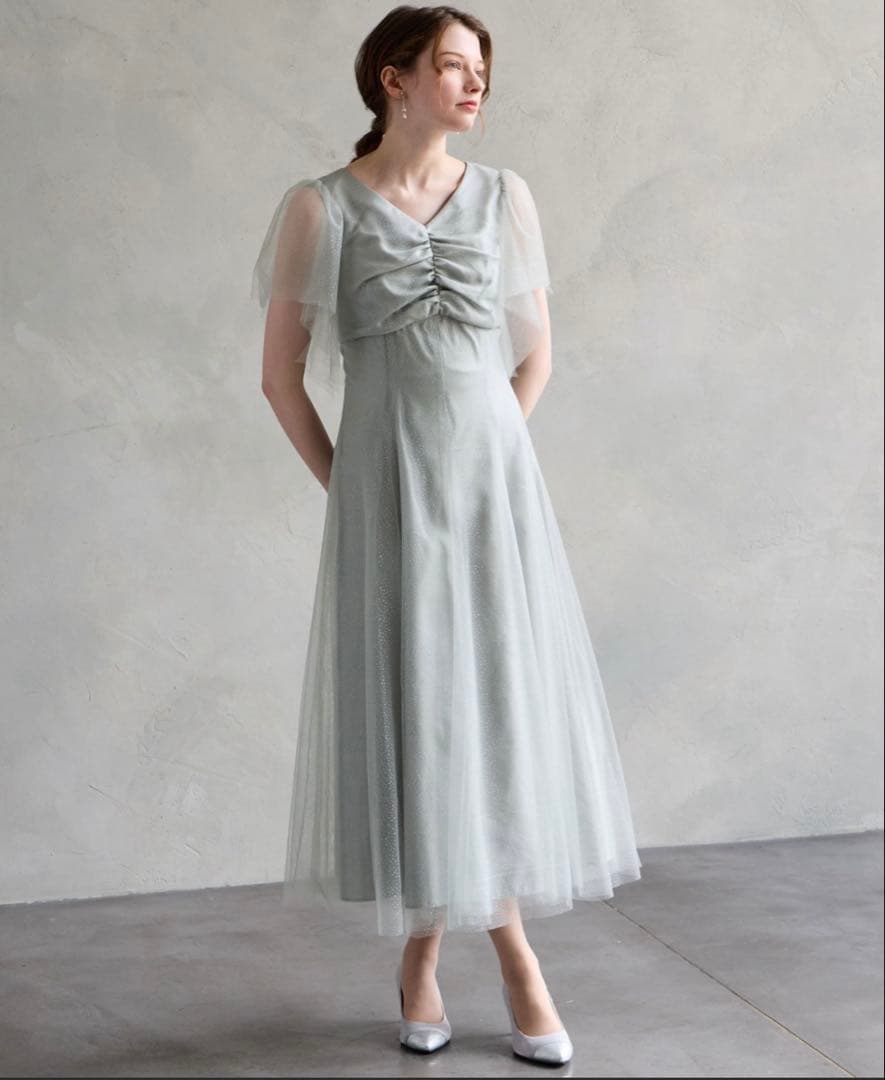 AIMER グリッターチュールフロントギャザー袖付きレースアップパーティードレス