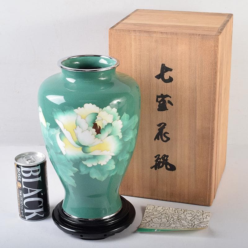 七宝焼　牡丹文　花瓶　唐木台・時代箱付　M　R8760B