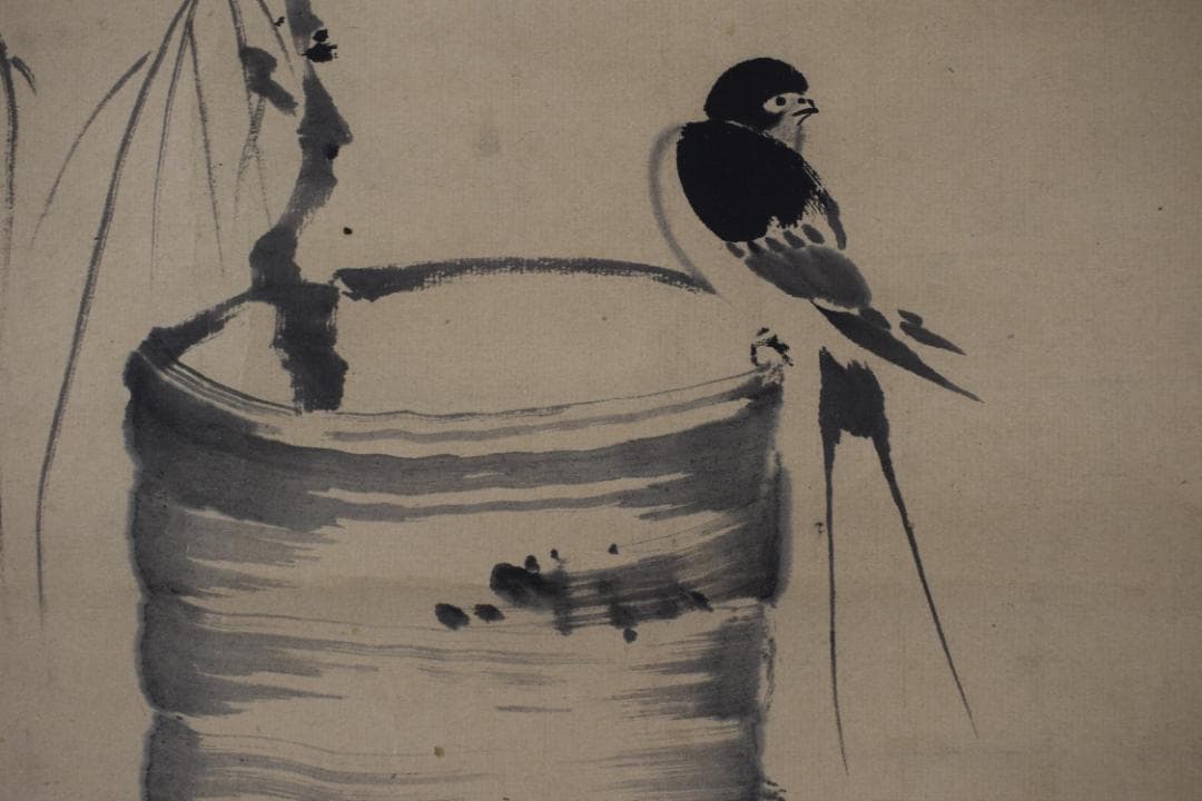 【真作】松村呉春/垂枝柳に燕図/ツバメ図/掛軸☆宝船☆Y-741　JM