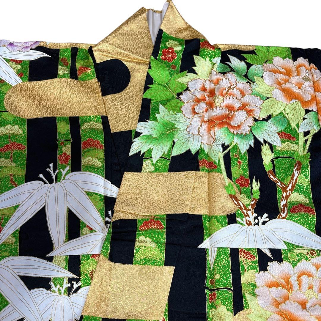 (う10) 竹縞に咲く艶牡丹 大正浪漫な雰囲気を漂わすアンティーク振袖⑤点セット