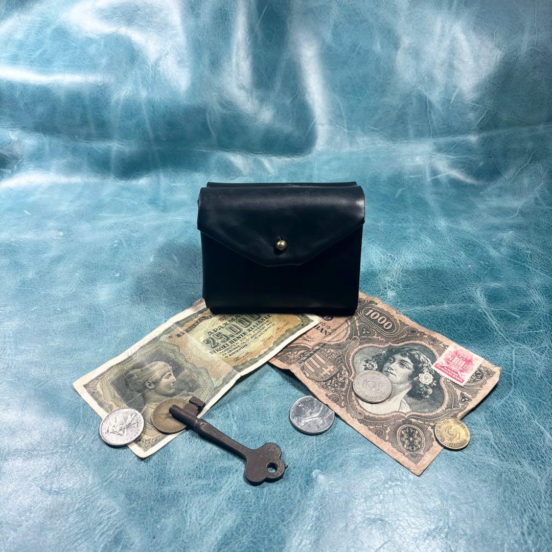 コンパクト　革　財布　クロムエクセル　レザー　黒色　ギボシ　真鍮　ハンドメイド①