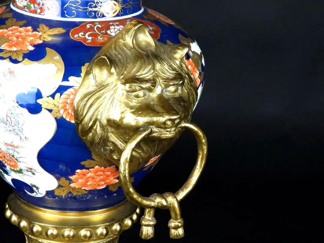 古美術 有田焼 色絵 花鳥紋 銅製 獣耳遊環 四足 燭台/高さ約103.6cm