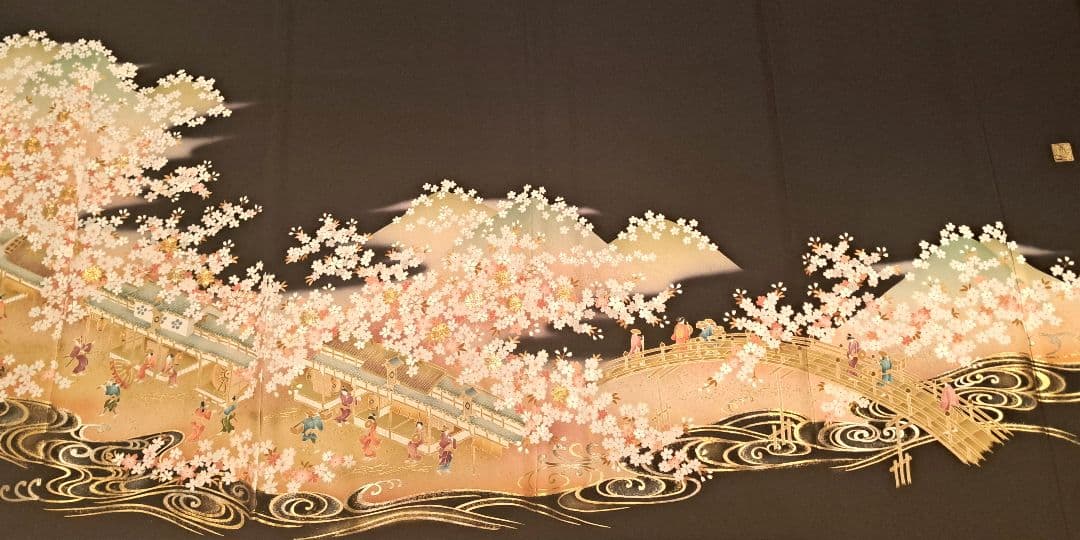 美品❇️作家物手描友禅　金彩駒刺繍　 黒留め袖 　５つ紋　6点フルセット