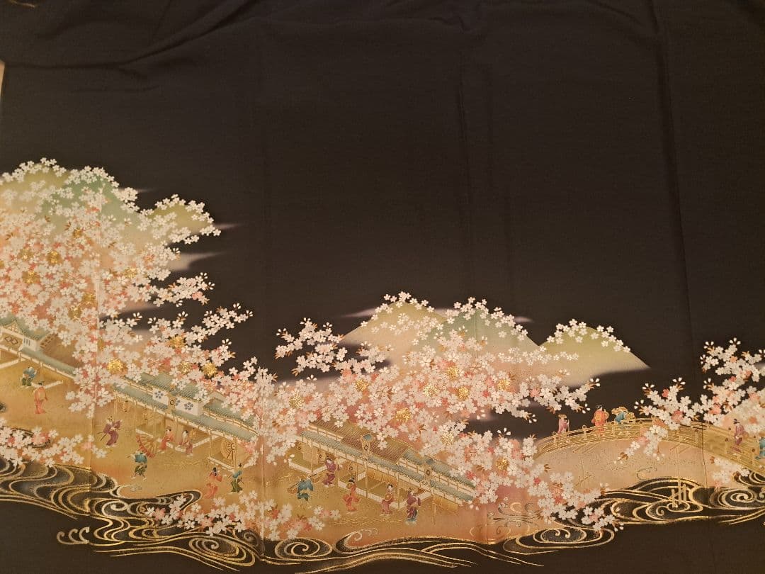 美品❇️作家物手描友禅　金彩駒刺繍　 黒留め袖 　５つ紋　6点フルセット