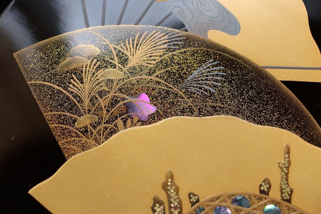 木製　螺鈿　古い黒塗吸物膳5客　足付　三重扇面蒔絵　金銀蒔絵　茶懐石　漆器　花鳥