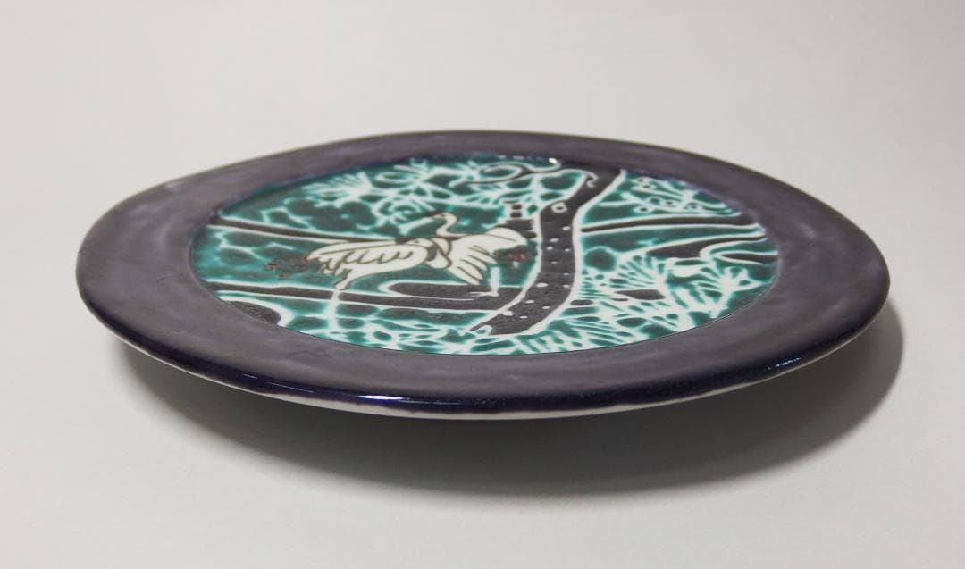 硲伊之助(三彩亭)作/九谷色絵夫婦鶴中皿/海部公子 硲紘一識箱/21.7cm