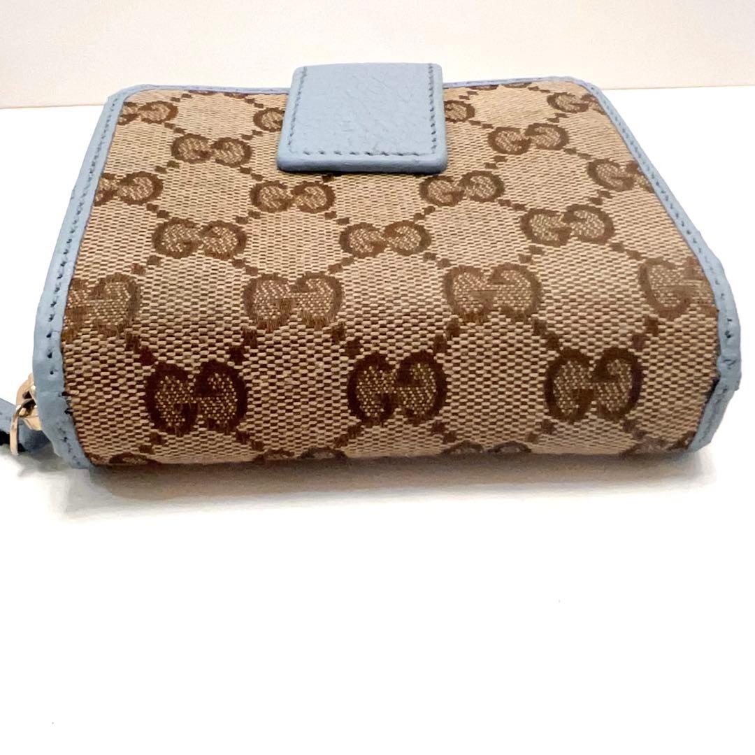 グッチ 折り財布 GGキャンバス GG ラウンドファスナー コンパクト 水色