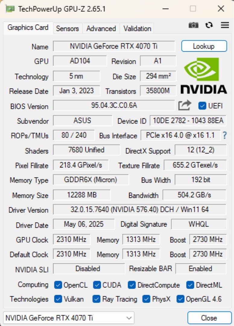 グラフィックボード・グラボ・ビデオカード ASUS GeForce RTX 4070 Ti OC 12GB