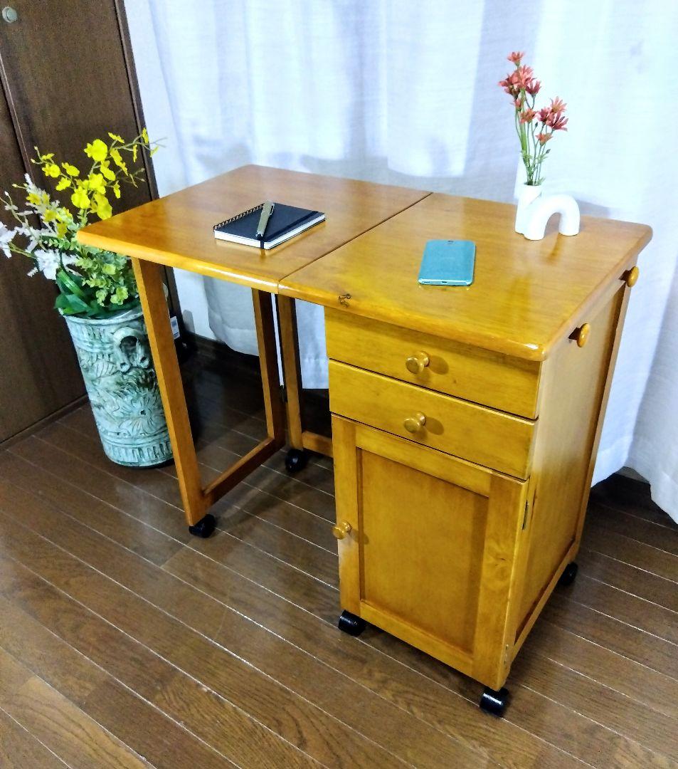 【アンティーク】収納付折畳デスク　多機能サイドテーブル　（キャスター付）匿名配送