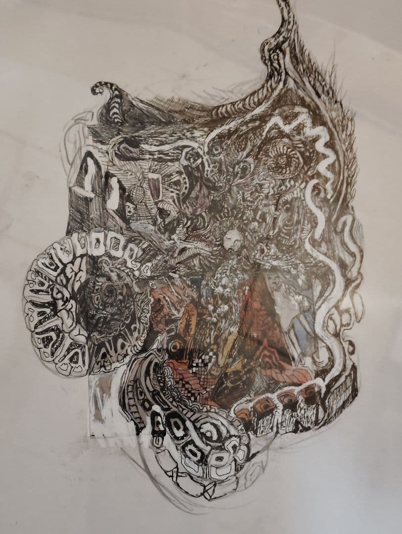 非常夢遊口『埋もれた頭』　ペン画　フレーム付き