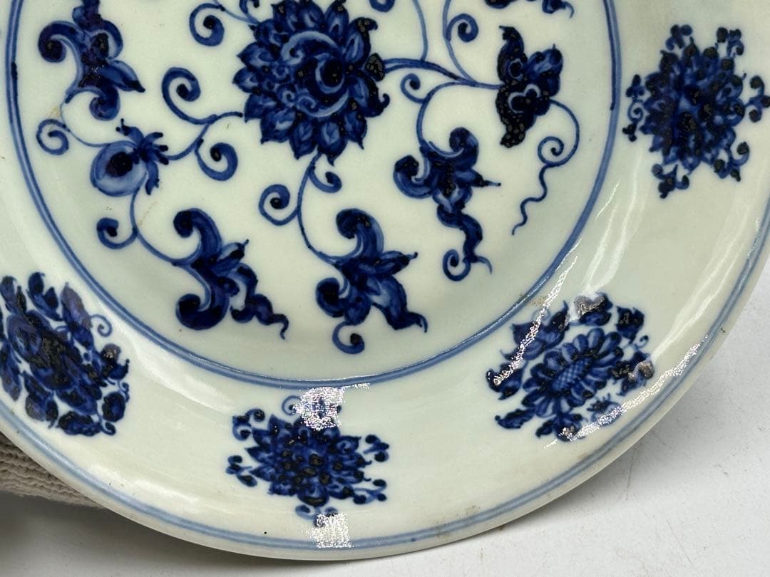 明宣德青花中皿 染付皿 大明宣德年製 中国美術 長 18cm